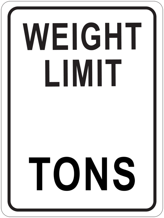 Square road sign sticker with black border and bold text: WEIGHT LIMIT TONS