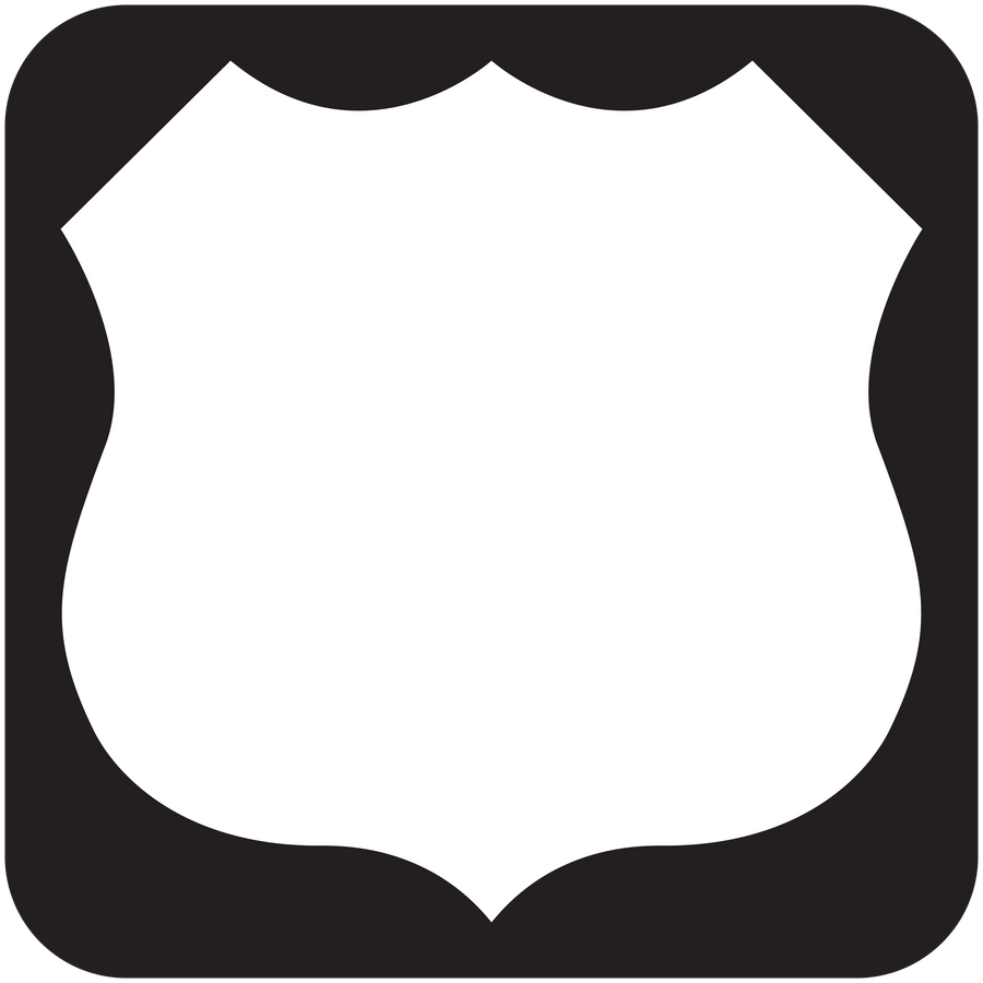 Road sign sticker, white shield badge shape on black rounded square