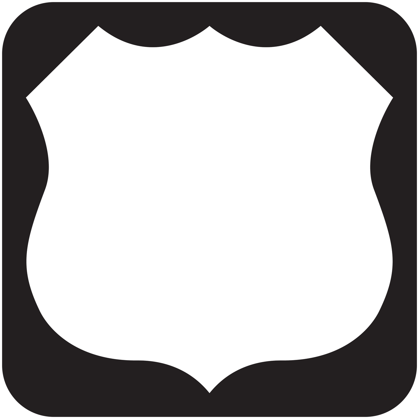 Road sign sticker, white shield badge shape on black rounded square