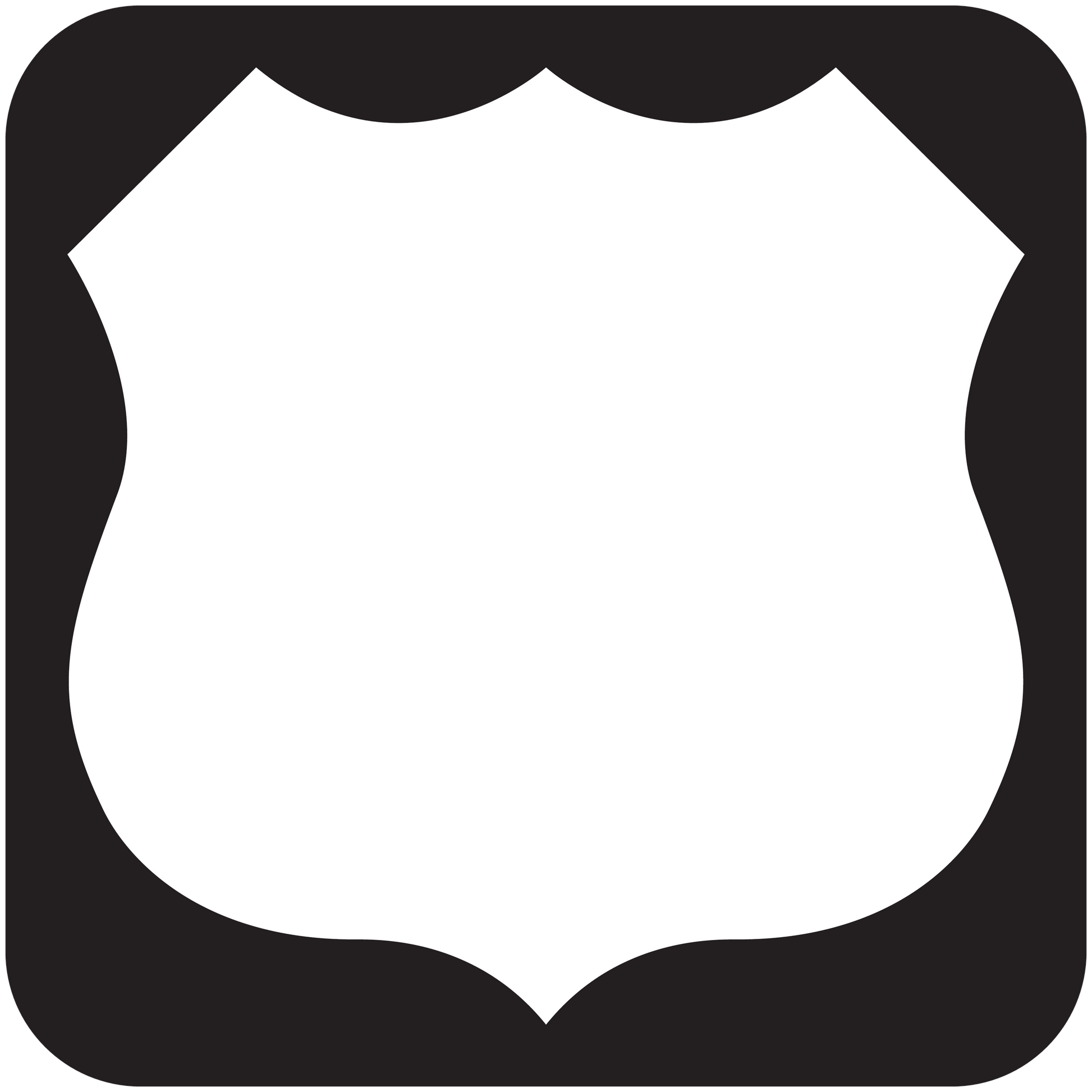 Road sign sticker, white shield badge shape on black rounded square