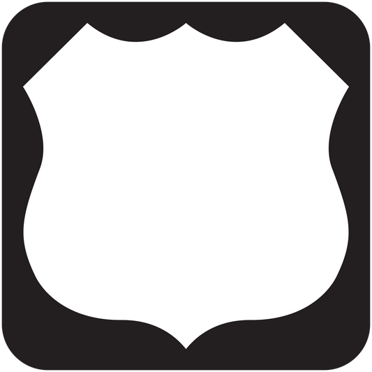 Road sign sticker, white shield badge shape on black rounded square