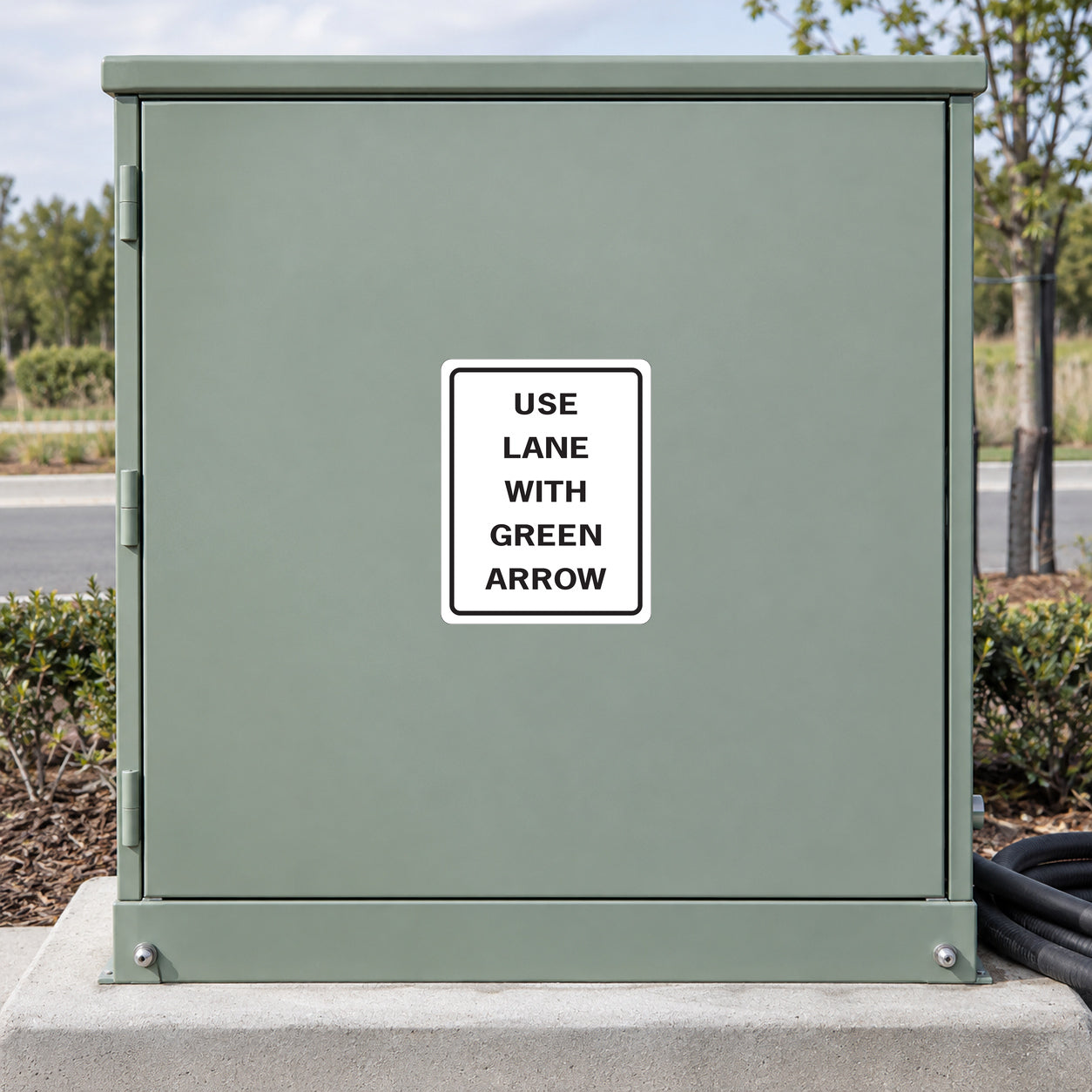 Road Sign Sticker applied in a smooth pale sage single traffic signal equipment cabinet, coiled cable far bottom right