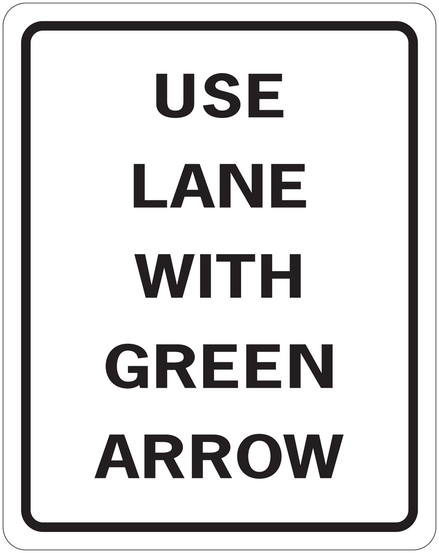 Square road sign sticker with black border and 'USE LANE WITH GREEN ARROW' text