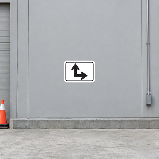 Square road sign sticker with black border: upward arrow and right-turn arrow