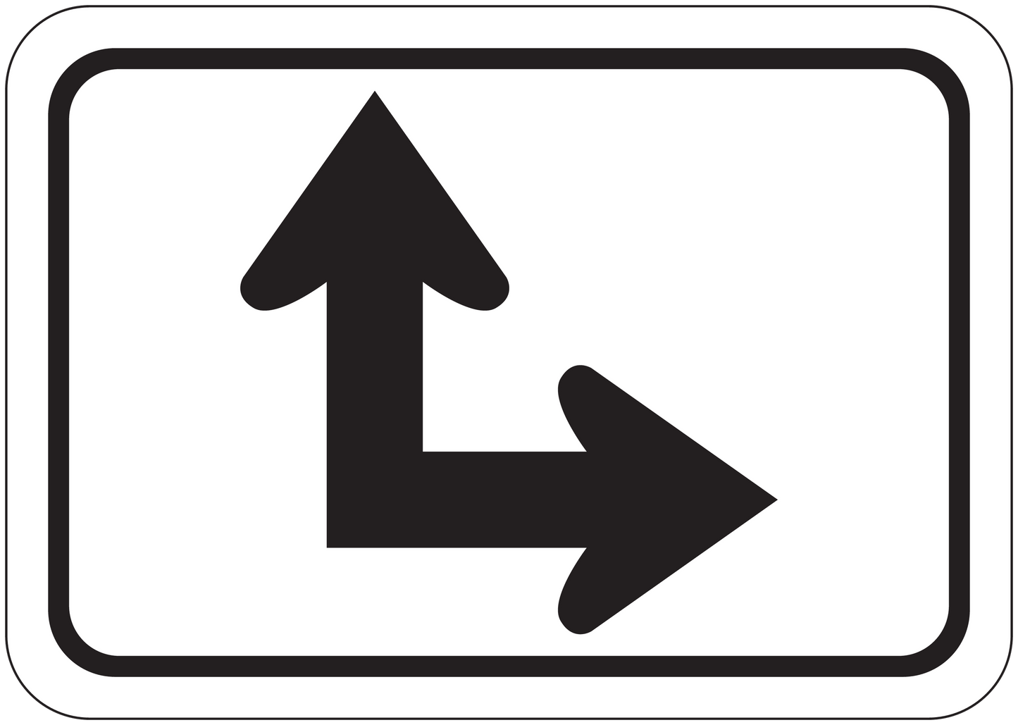 Road sign sticker with black arrow up-left and arrow turn right