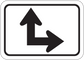 Road sign sticker with black arrow up-left and arrow turn right