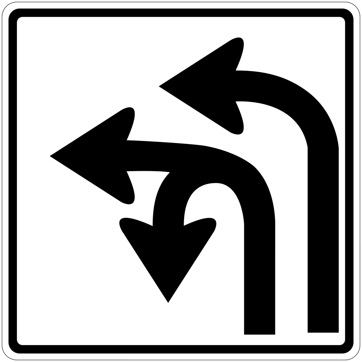 Road sign arrow sticker with three black direction arrows on white background