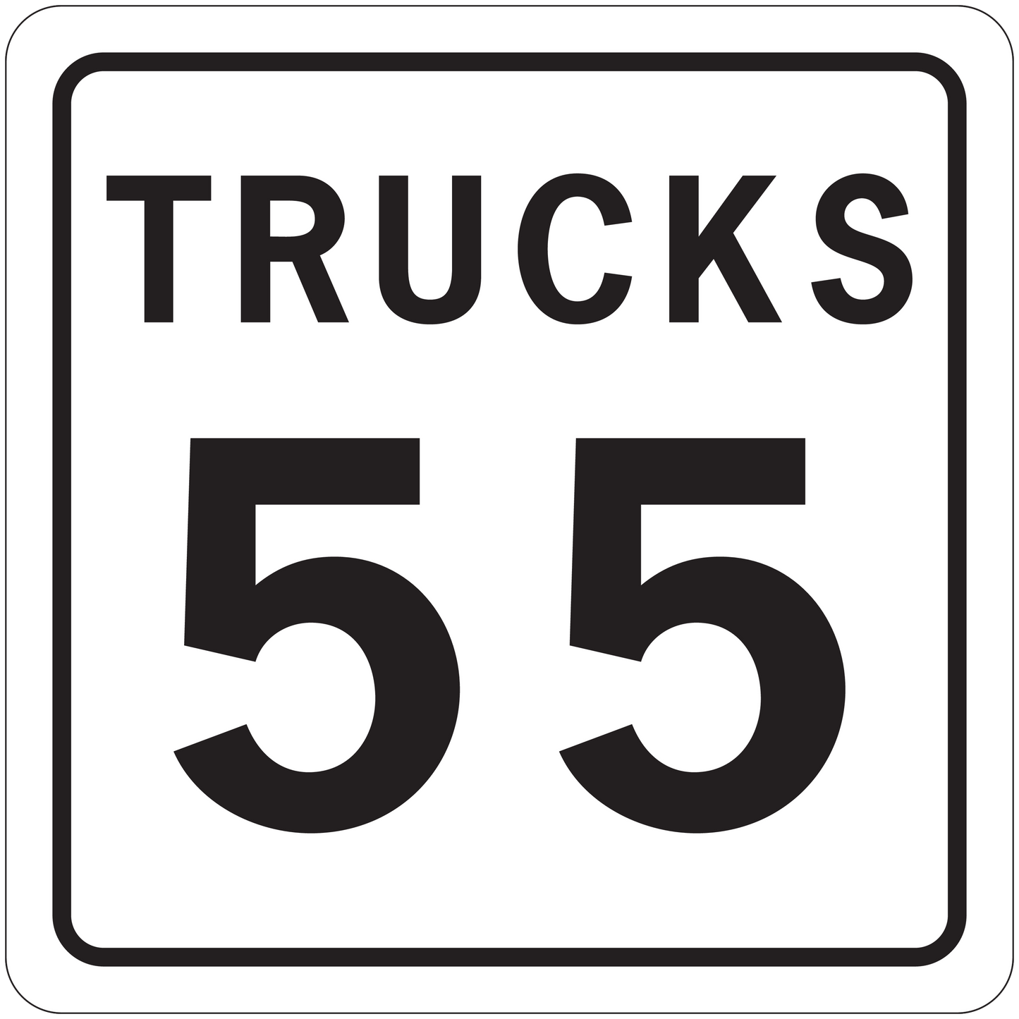 Road sign sticker with “TRUCKS” and “55” on a white square sign