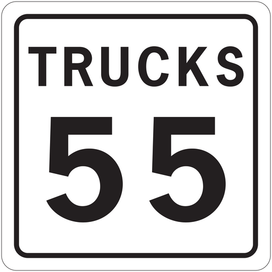 Square road sign sticker reading TRUCKS 55 with black border