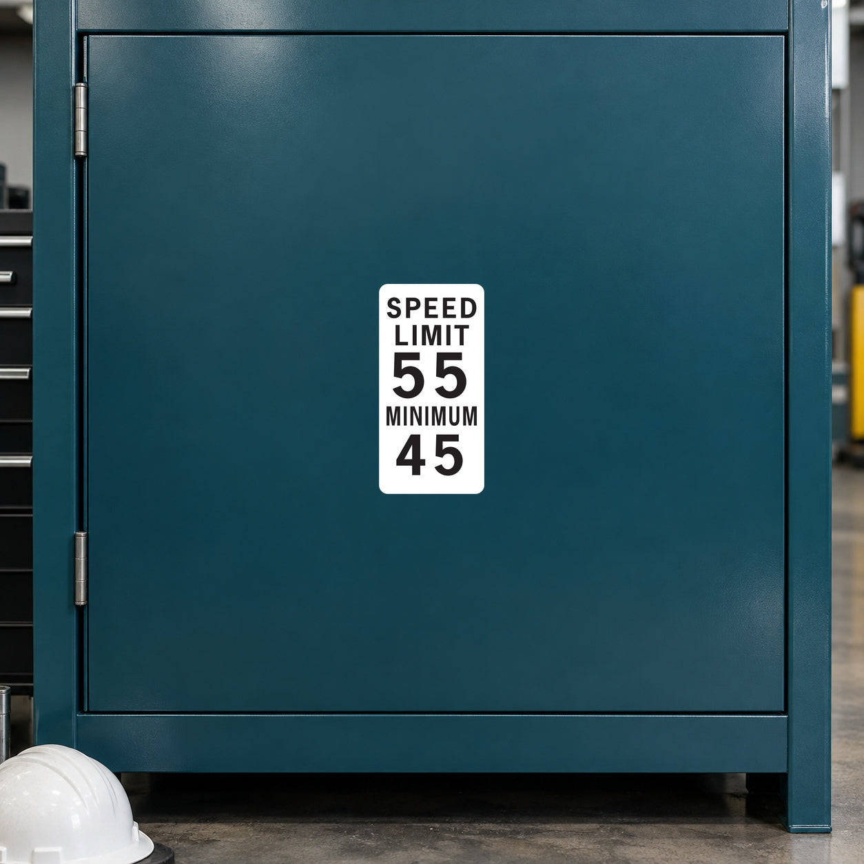 Road sign sticker with SPEED LIMIT 55 and MINIMUM 45 text on a white square