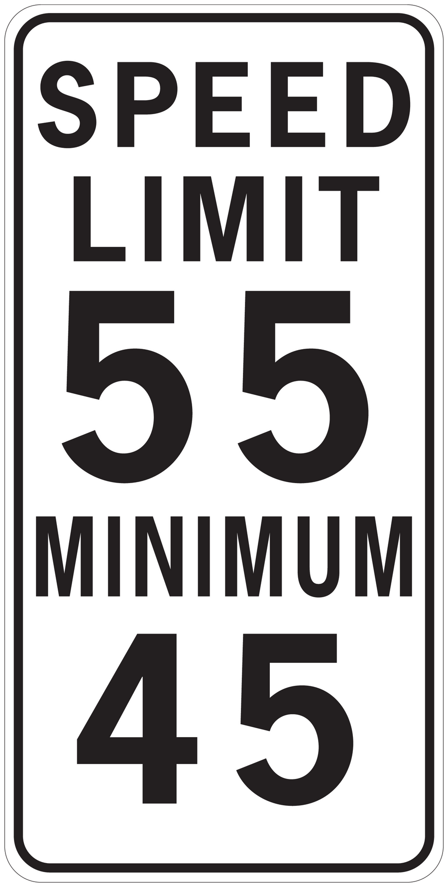 Speed limit road sign sticker, white with black text: SPEED LIMIT 55, MINIMUM 45