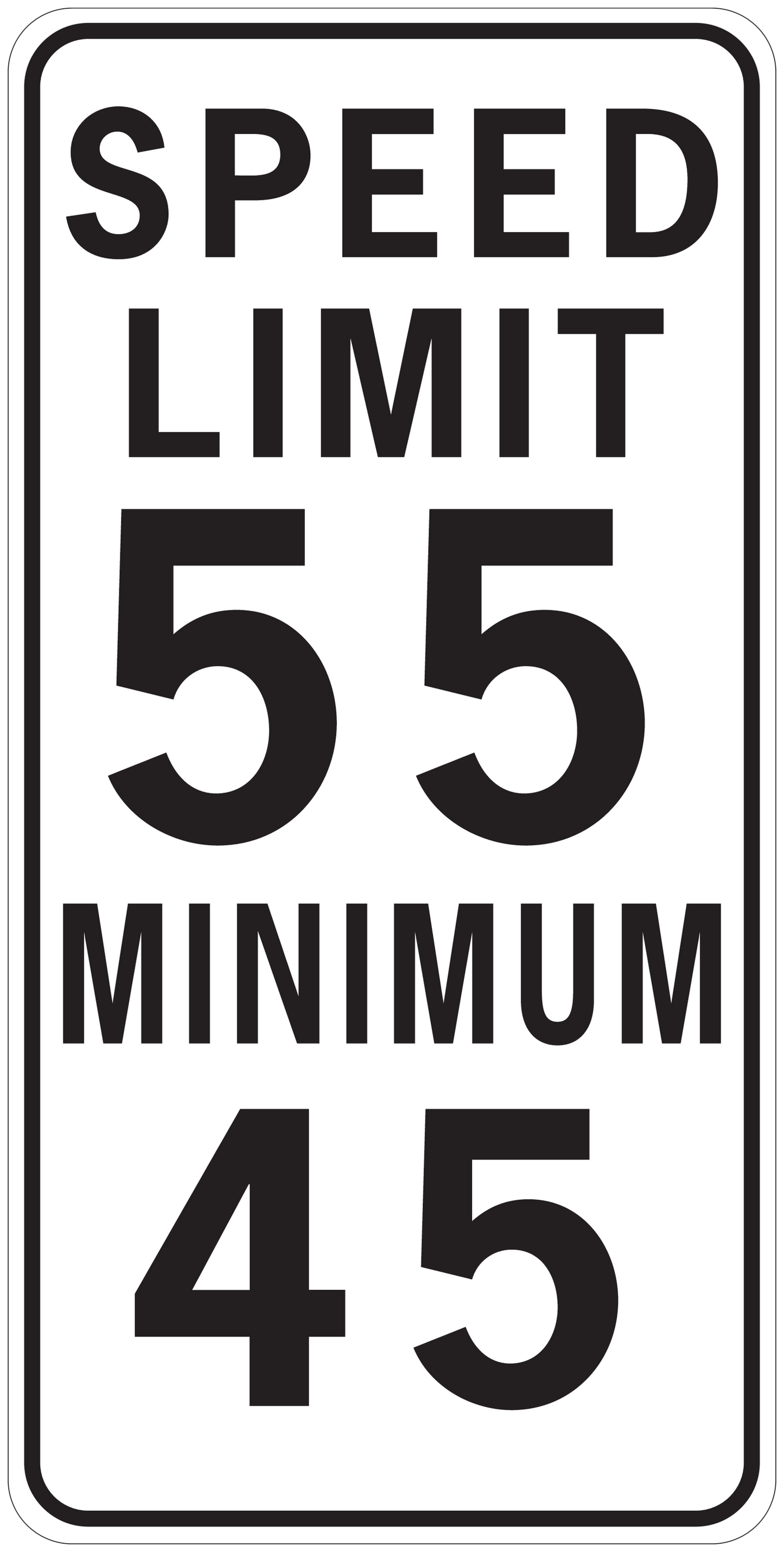 Speed limit road sign sticker, white with black text: SPEED LIMIT 55, MINIMUM 45
