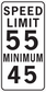 Speed limit road sign sticker, white with black text: SPEED LIMIT 55, MINIMUM 45