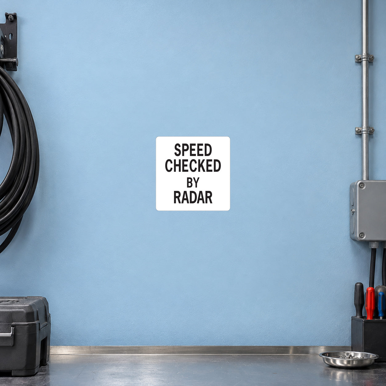 Road Sign Sticker applied in a continuous pale blue speed monitoring service room wall with coiled cable and toolkit at far sides
