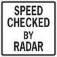 Road sign sticker with SPEED CHECKED BY RADAR text, white background, black border