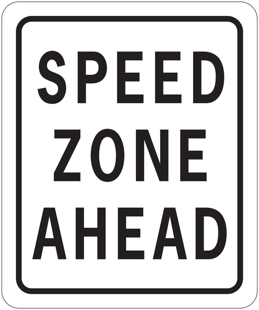 Square road sign sticker reading "SPEED ZONE AHEAD"