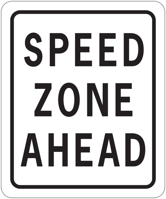 Square road sign sticker reading "SPEED ZONE AHEAD"