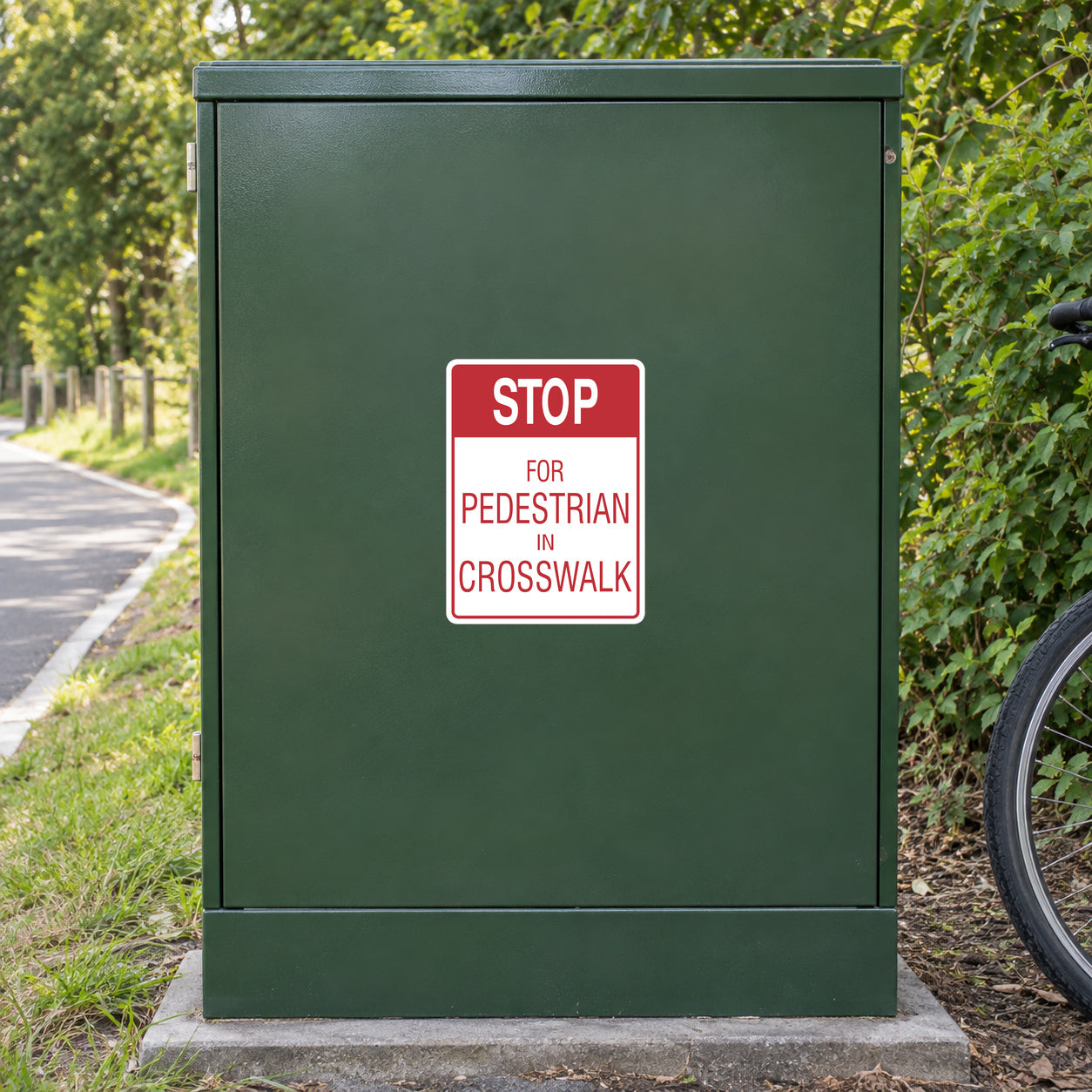 Red stop-sign road sticker reading 'FOR PEDESTRIAN CROSSWALK'