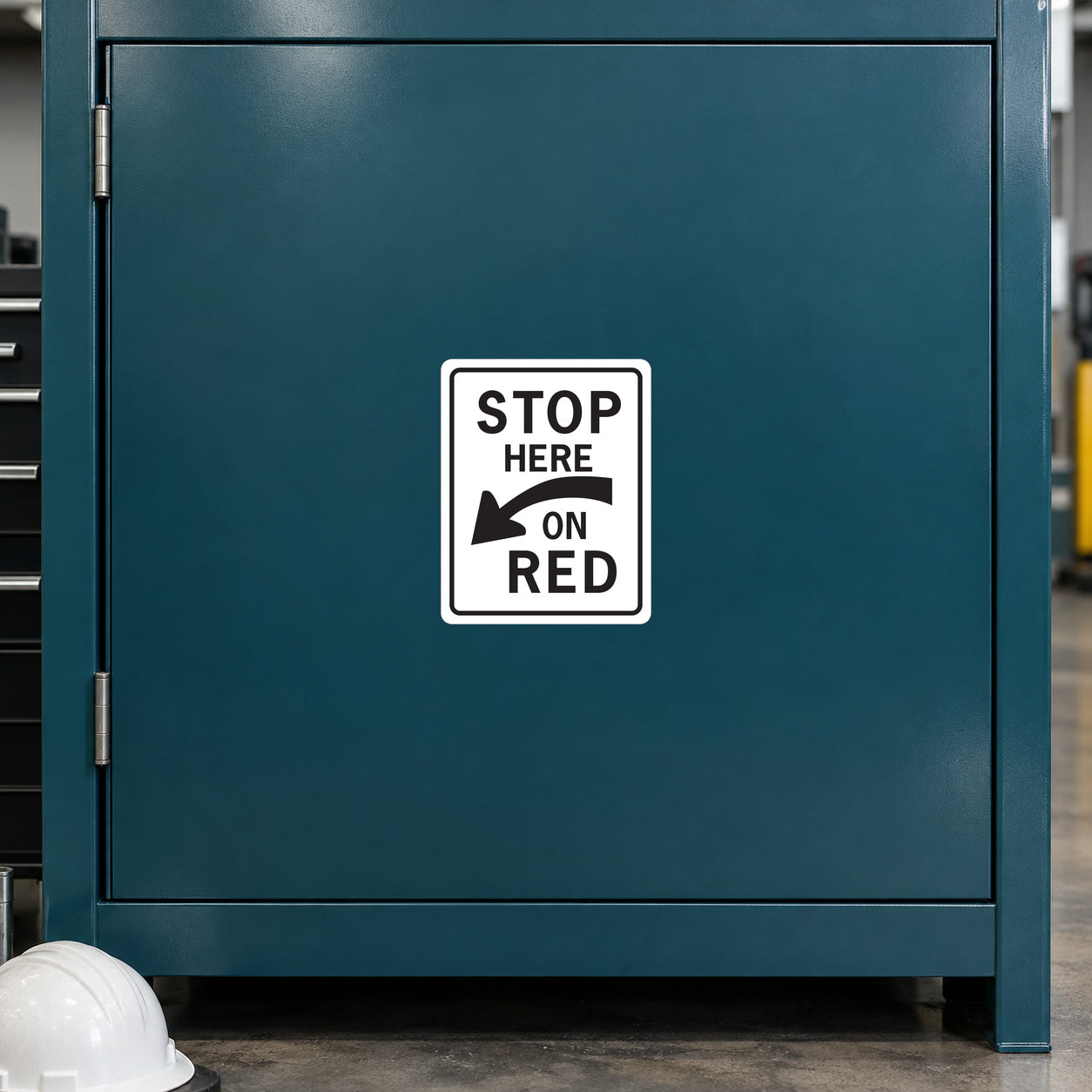 Road Sign Sticker applied to a roadside maintenance facility wall or closed cabinet