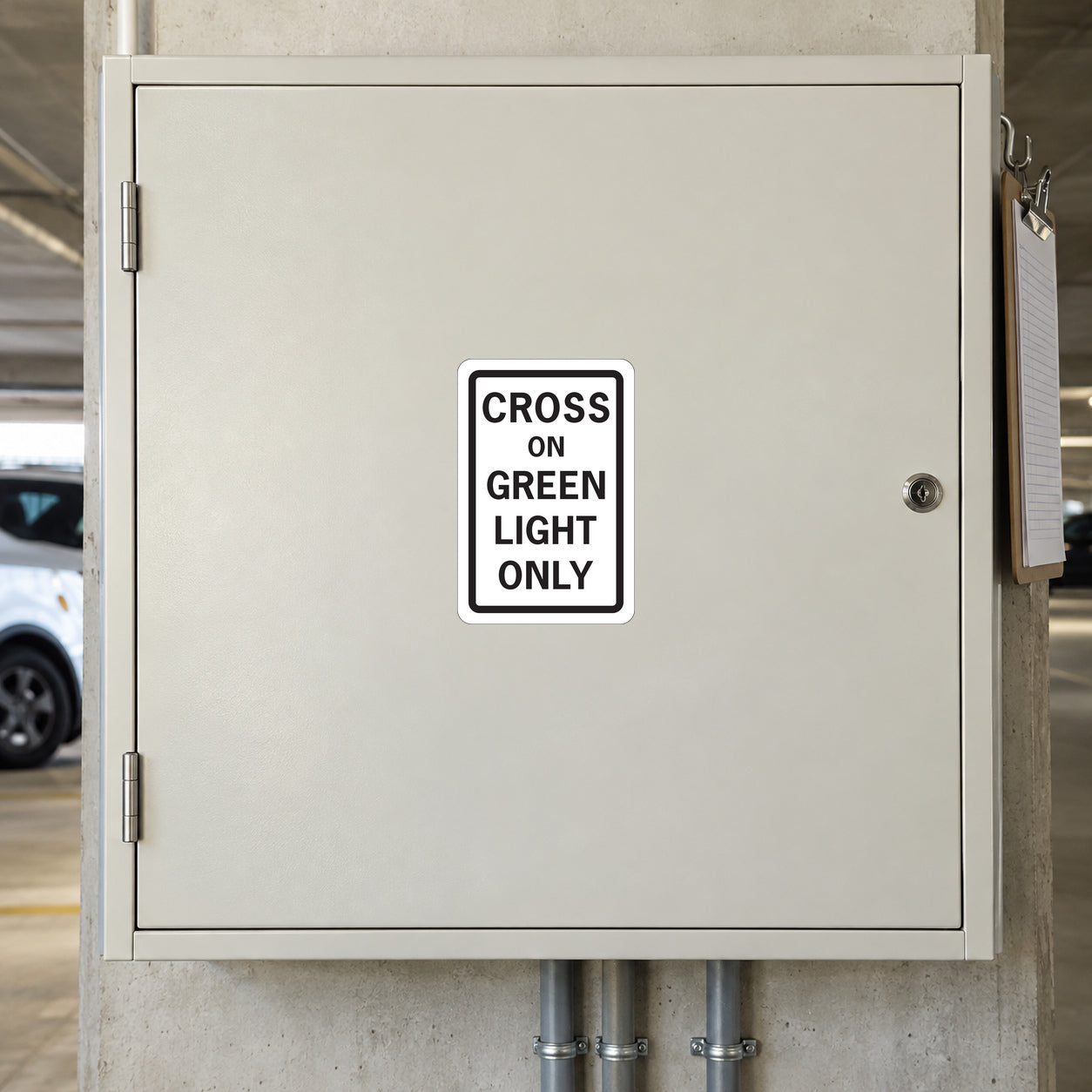 Road sign sticker with white square and black text: “CROSS ON GREEN LIGHT ONLY”.