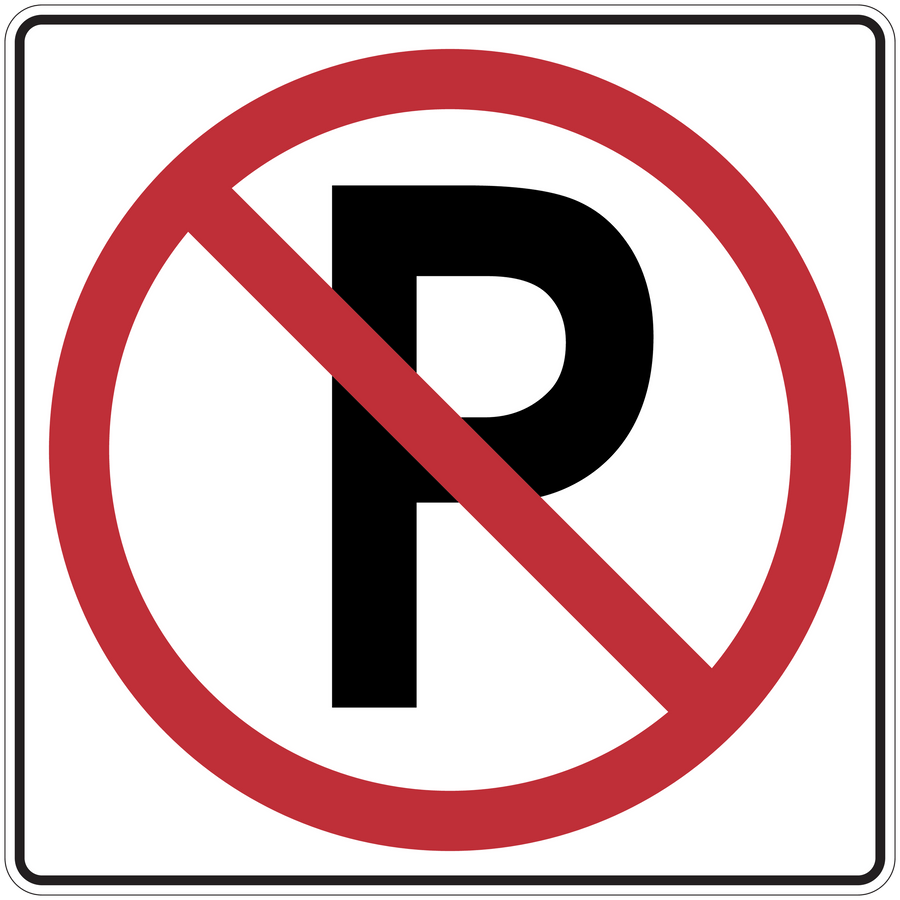 Road sign sticker with red no-entry symbol and black R in a white square