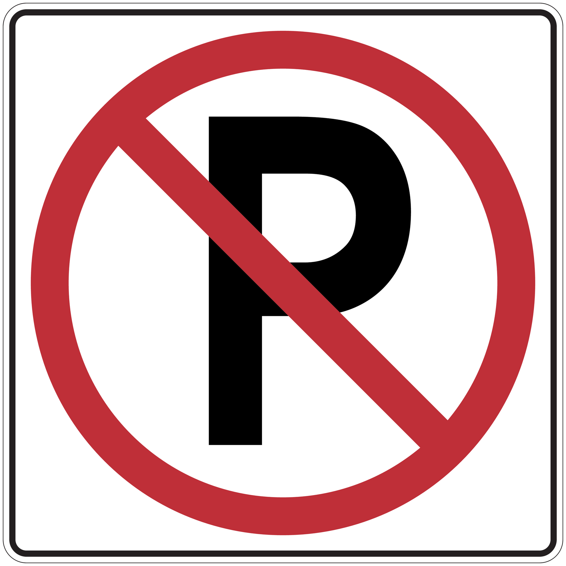 Road sign sticker with red no-entry symbol and black R in a white square