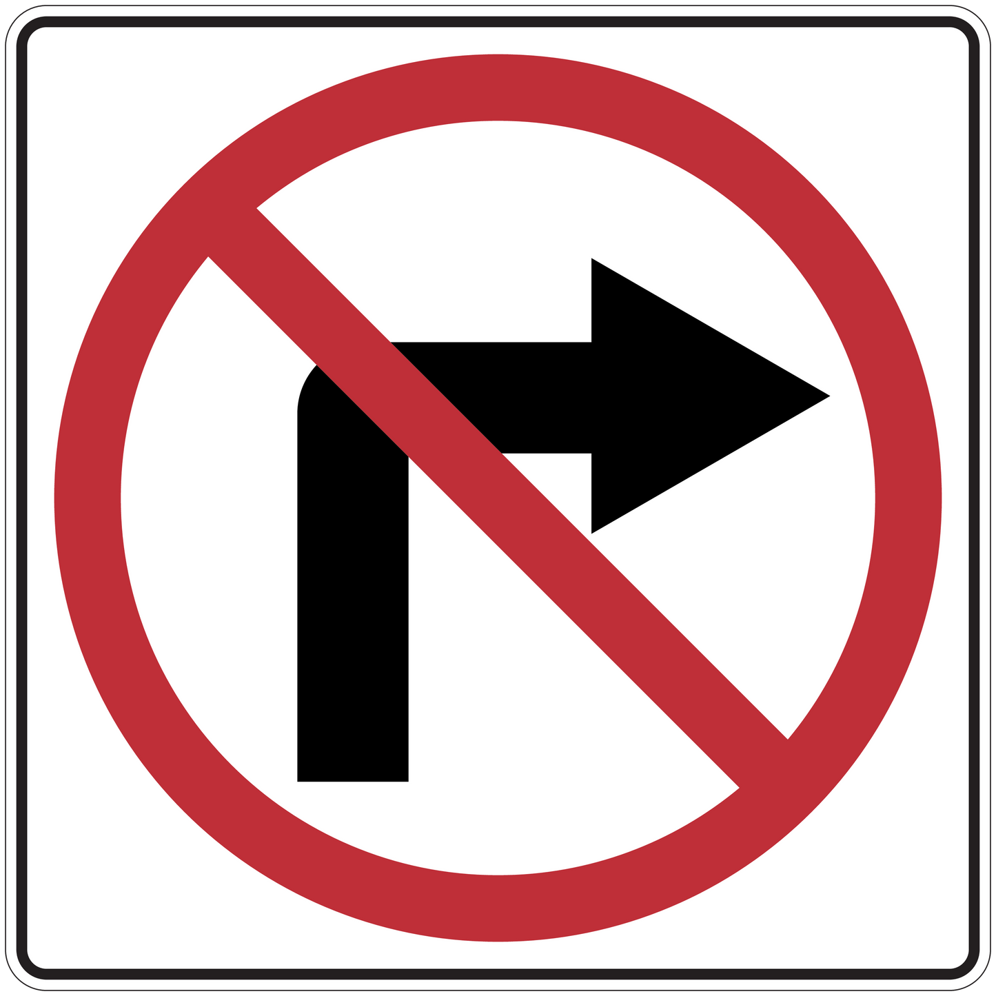 Square road sign sticker with red circle slash over right arrow