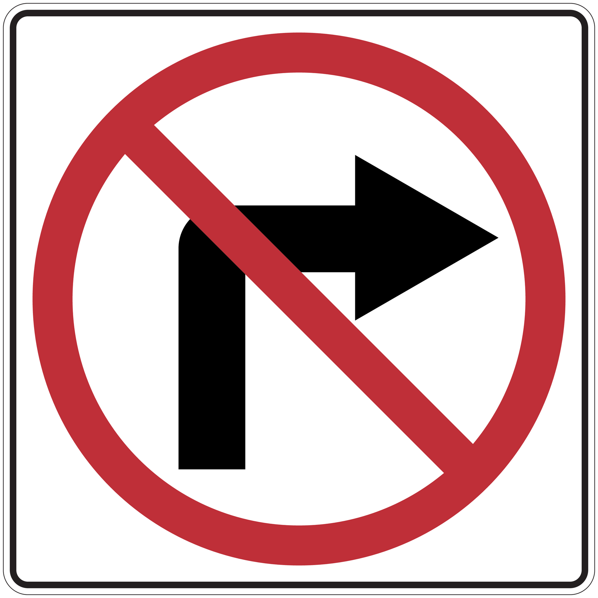 Square road sign sticker with red circle slash over right arrow