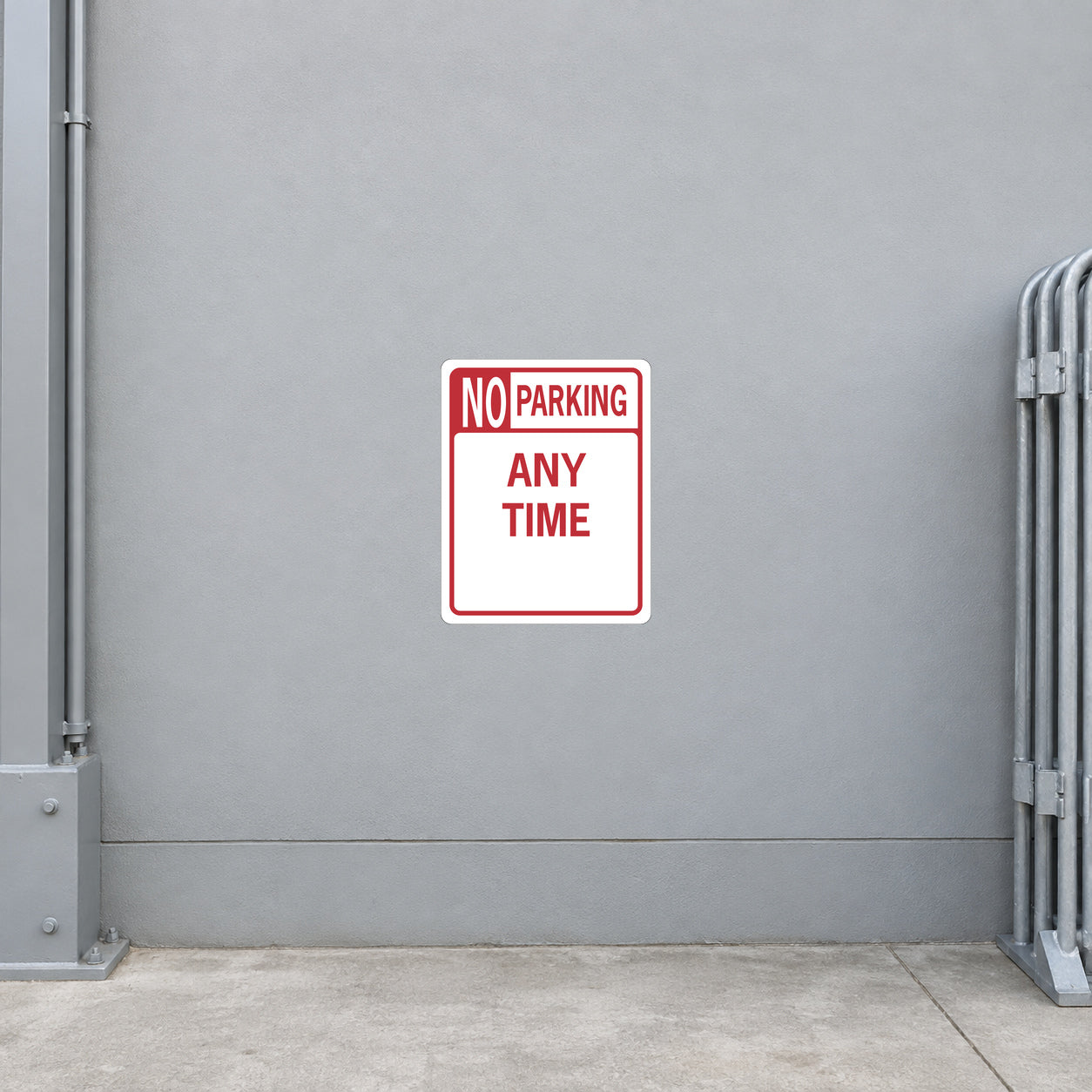 Road sign sticker with red-bordered text reading "NO PARKING ANY TIME"