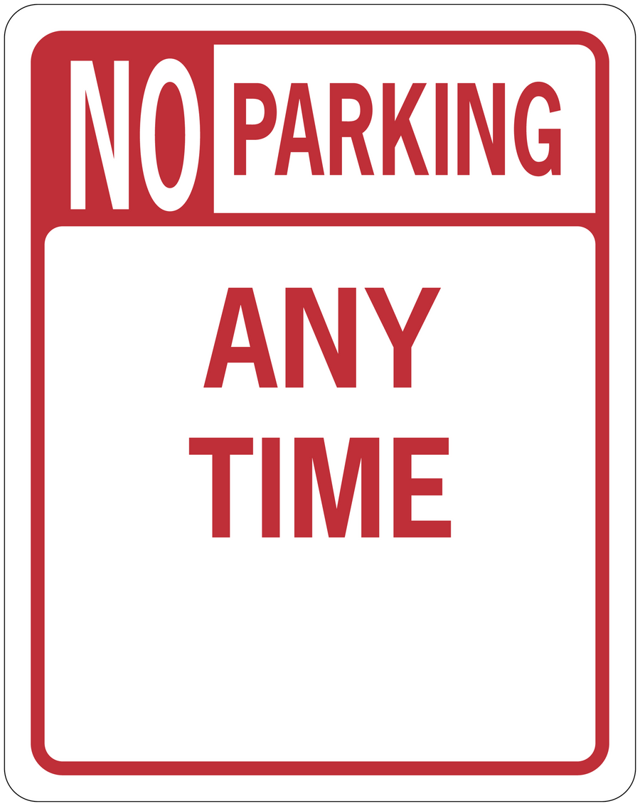 Road sign sticker with red border reading "NO PARKING ANY TIME"