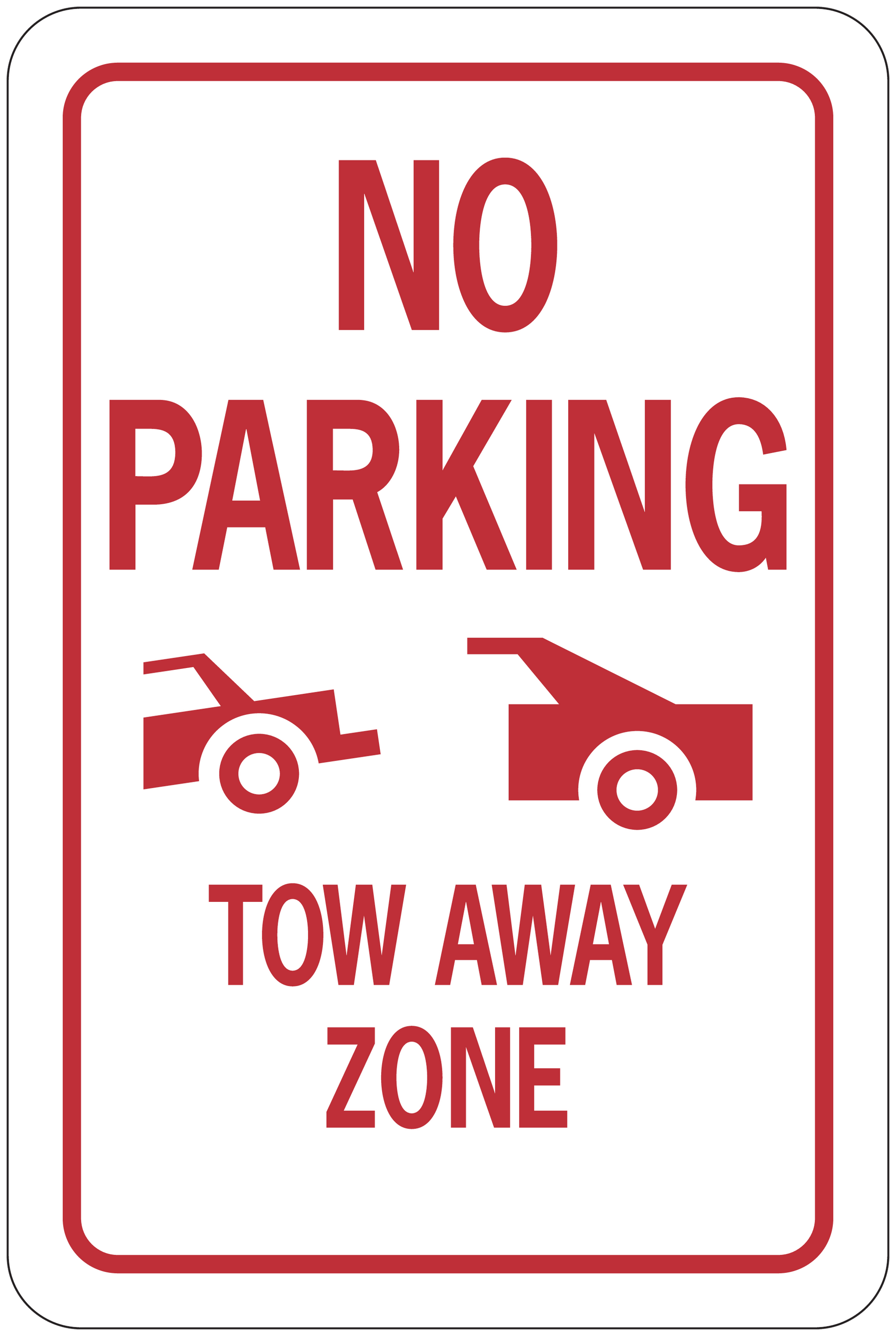 Road sign sticker: red 'NO PARKING TOW AWAY ZONE' text with tow-away icon.