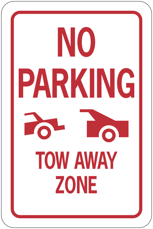 Road sign sticker: red 'NO PARKING TOW AWAY ZONE' text with tow-away icon.