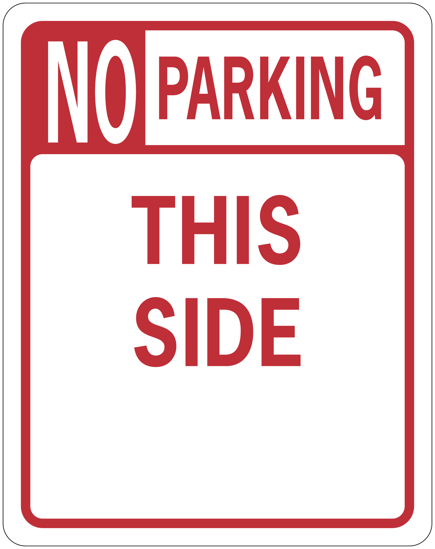 Road sign sticker with red border and 'NO PARKING THIS SIDE' lettering.