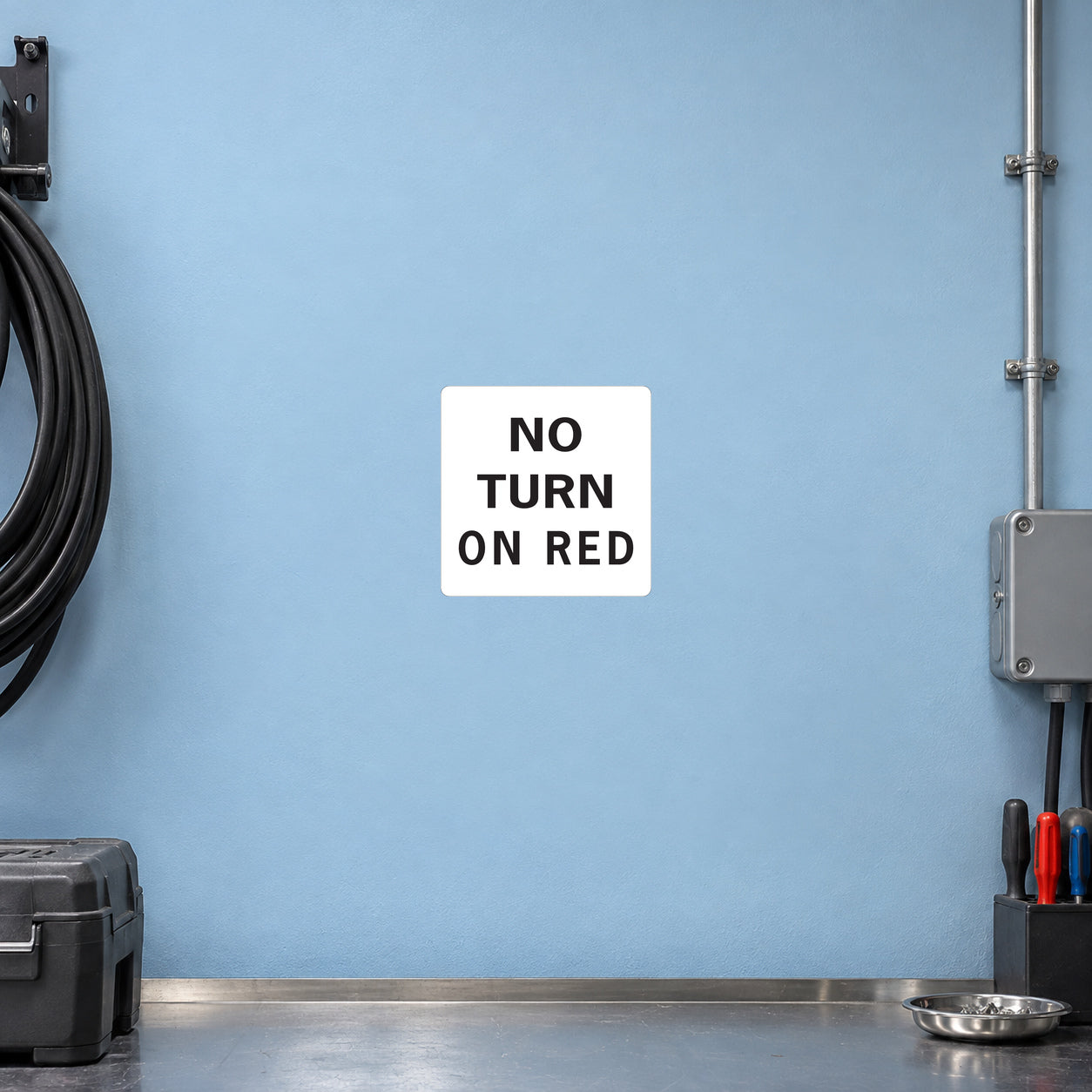 Road Sign Sticker applied to a roadside maintenance facility wall or closed cabinet