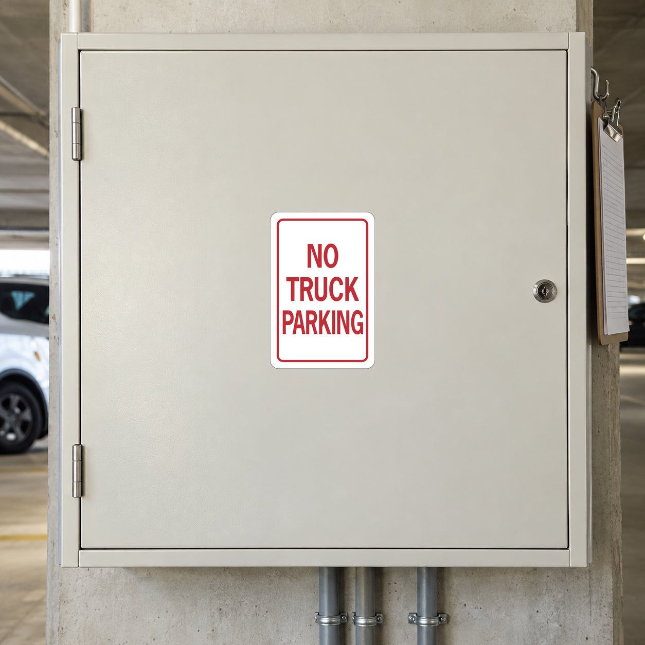 Road sign sticker with red border text 'NO TRUCK PARKING'