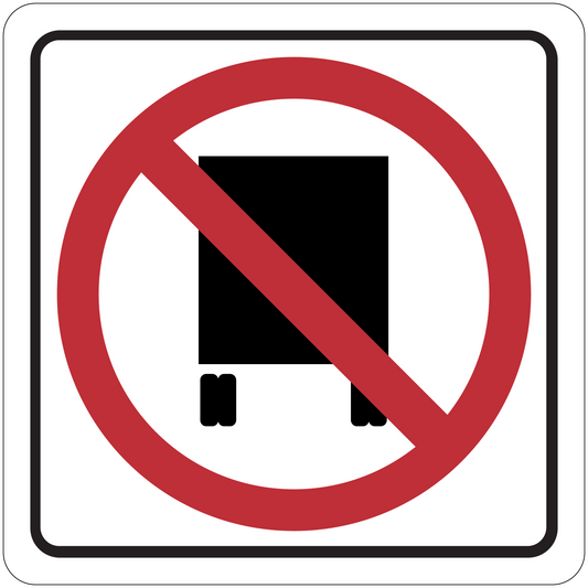 White square road sign sticker with red circle-slash over a black sign icon