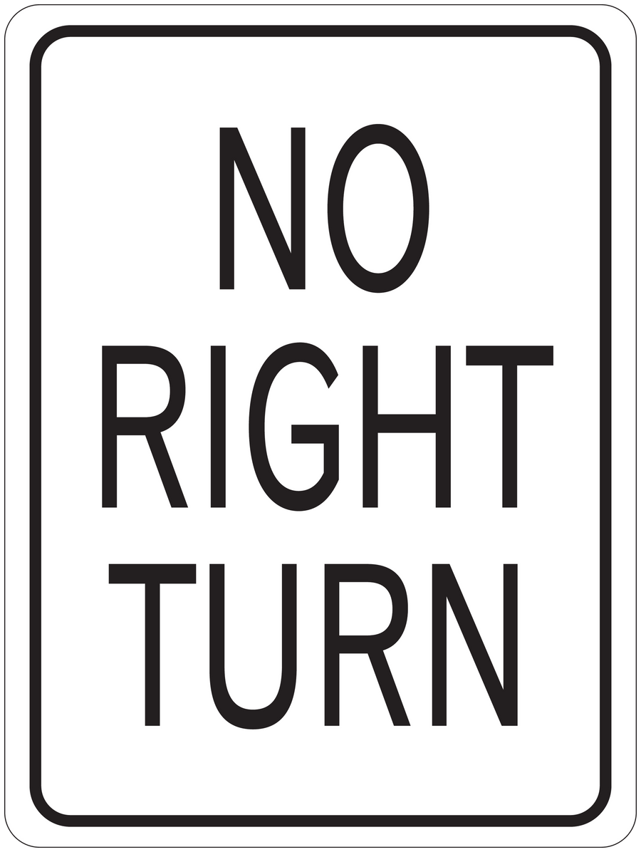 Road sign sticker with text "NO RIGHT TURN" in black on a white background