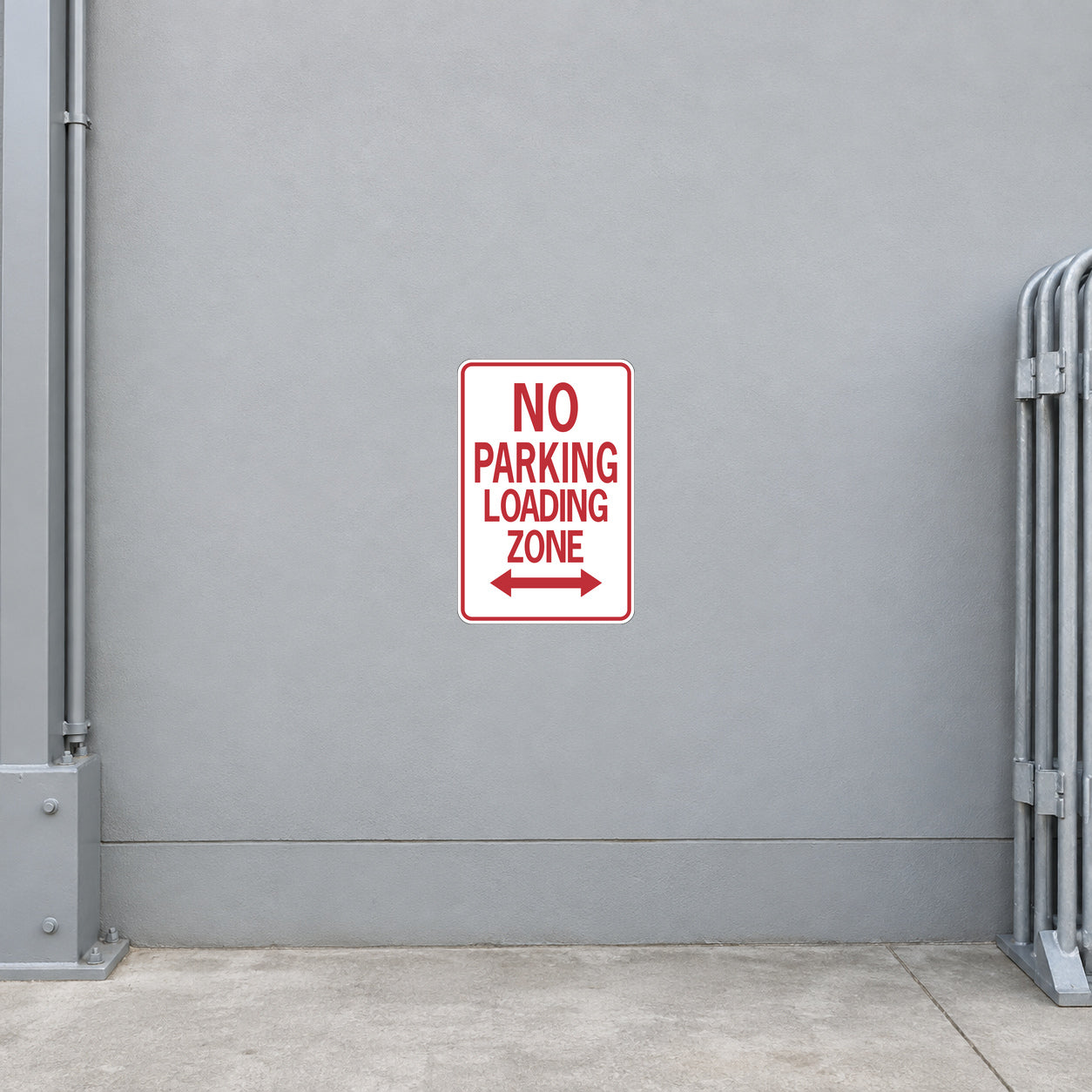 Road sign style sticker with red border, “NO PARKING LOADING ZONE” text and arrow