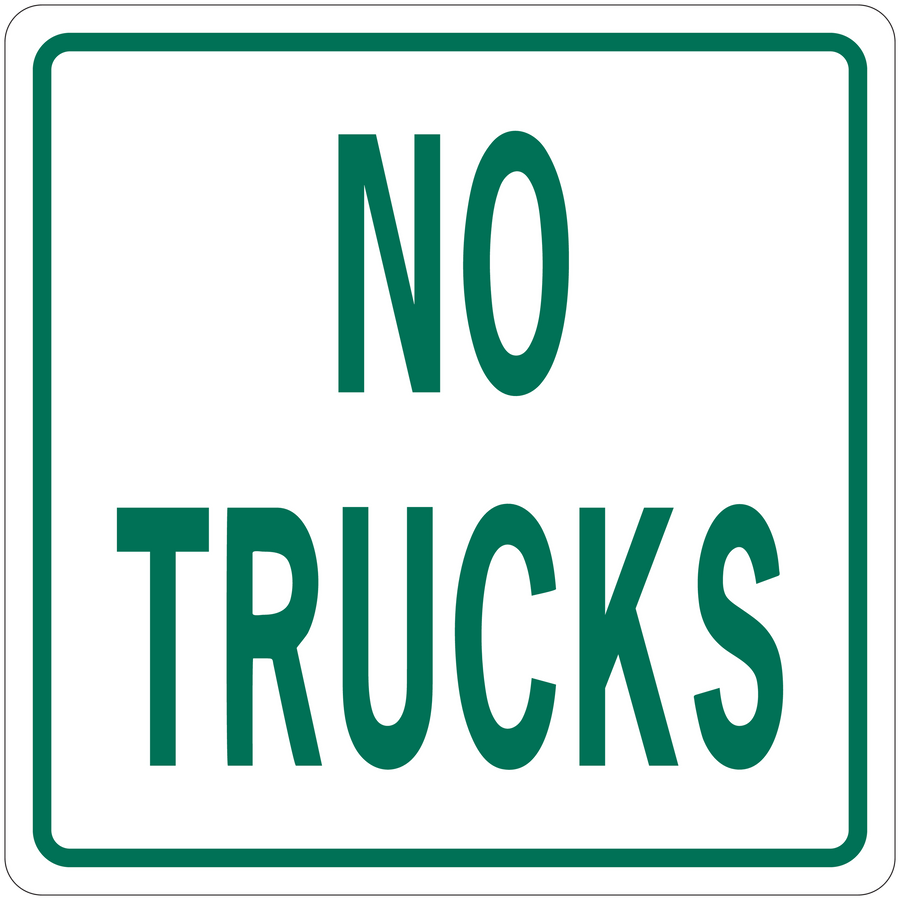 Road sign sticker with teal border and bold text: “NO TRUCKS”