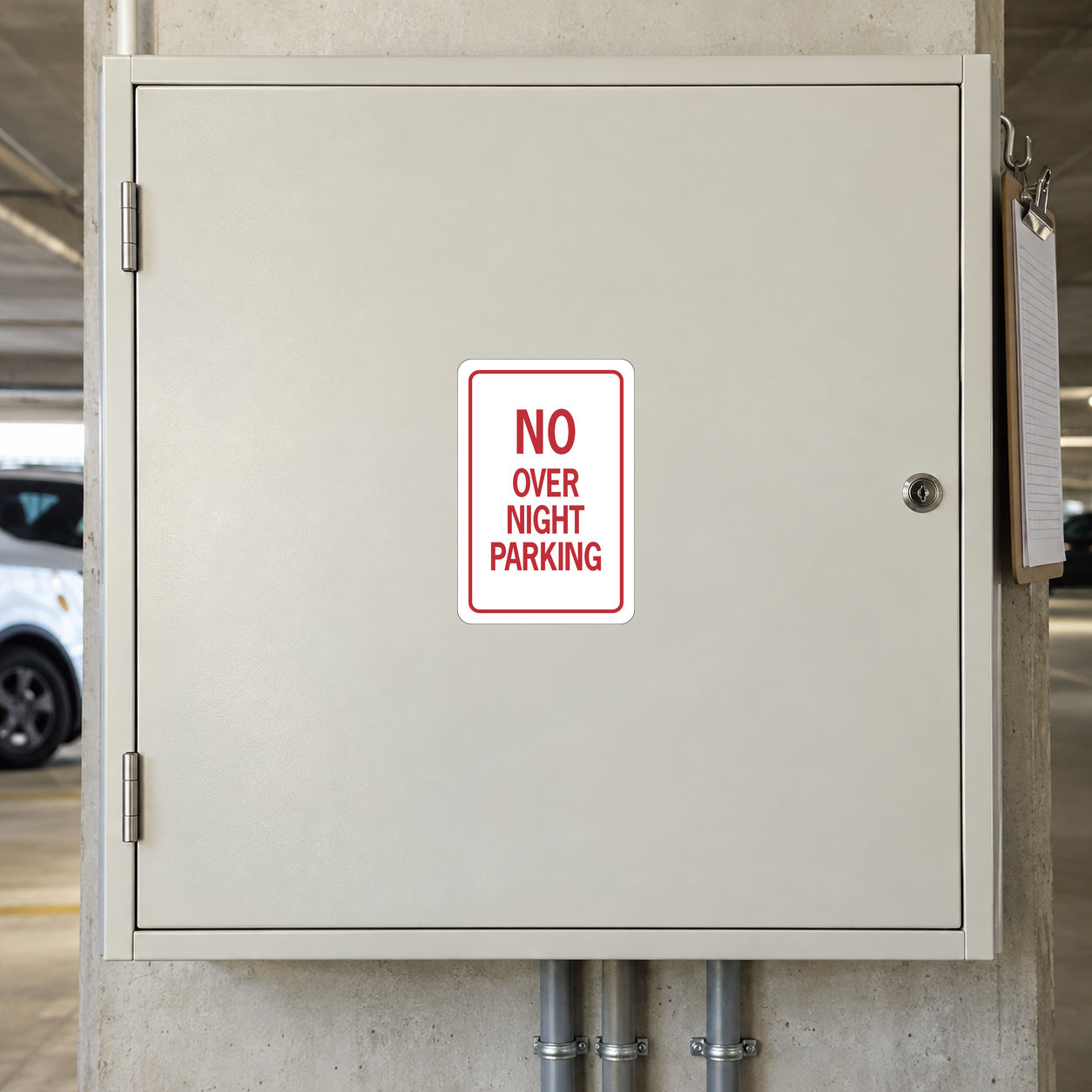 Road Sign Sticker applied to a roadside maintenance facility wall or closed cabinet