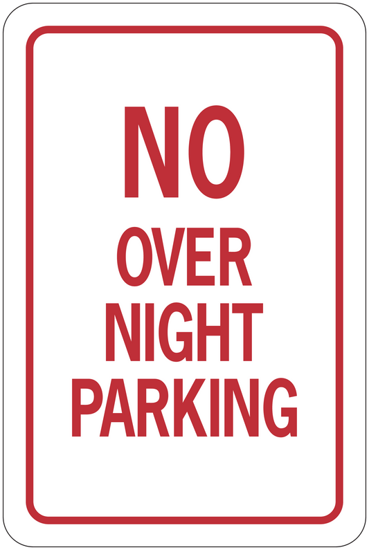 Red-bordered road sign sticker reading 'NO OVER NIGHT PARKING'