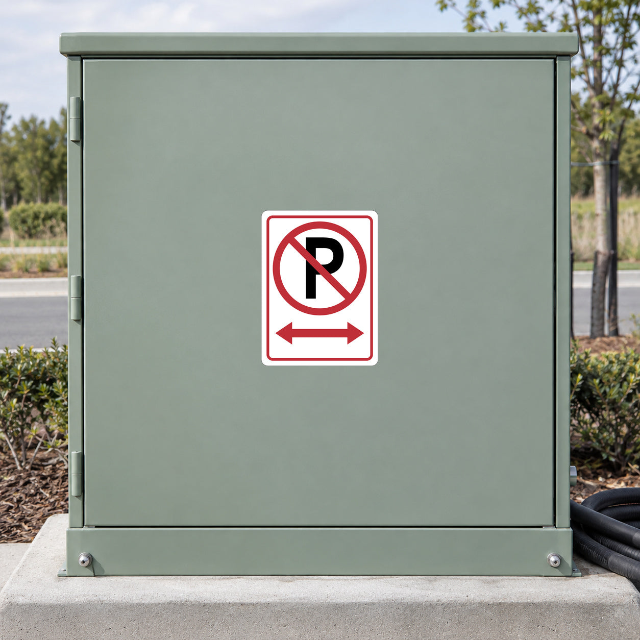 Road Sign Sticker applied to a roadside maintenance facility wall or closed cabinet