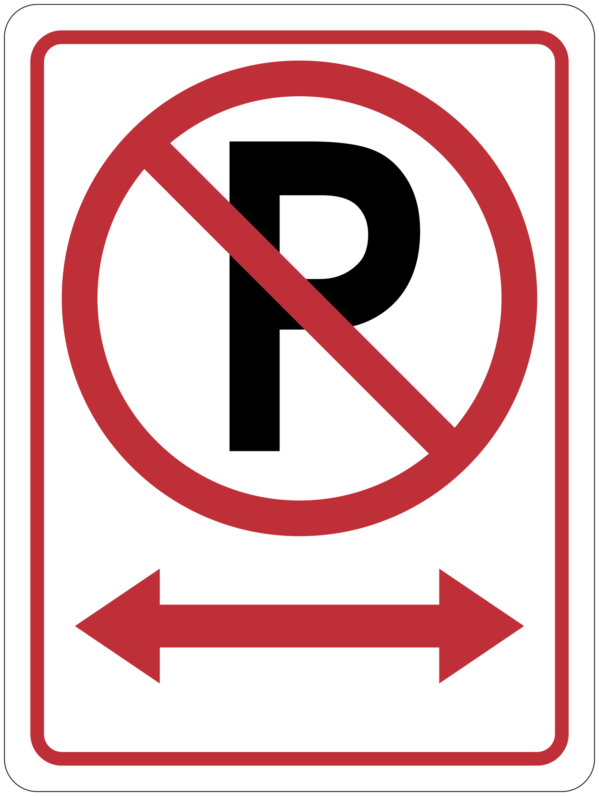 No parking road sign sticker with red circle slash over P and double arrows
