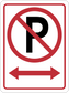 No parking road sign sticker with red circle slash over P and double arrows