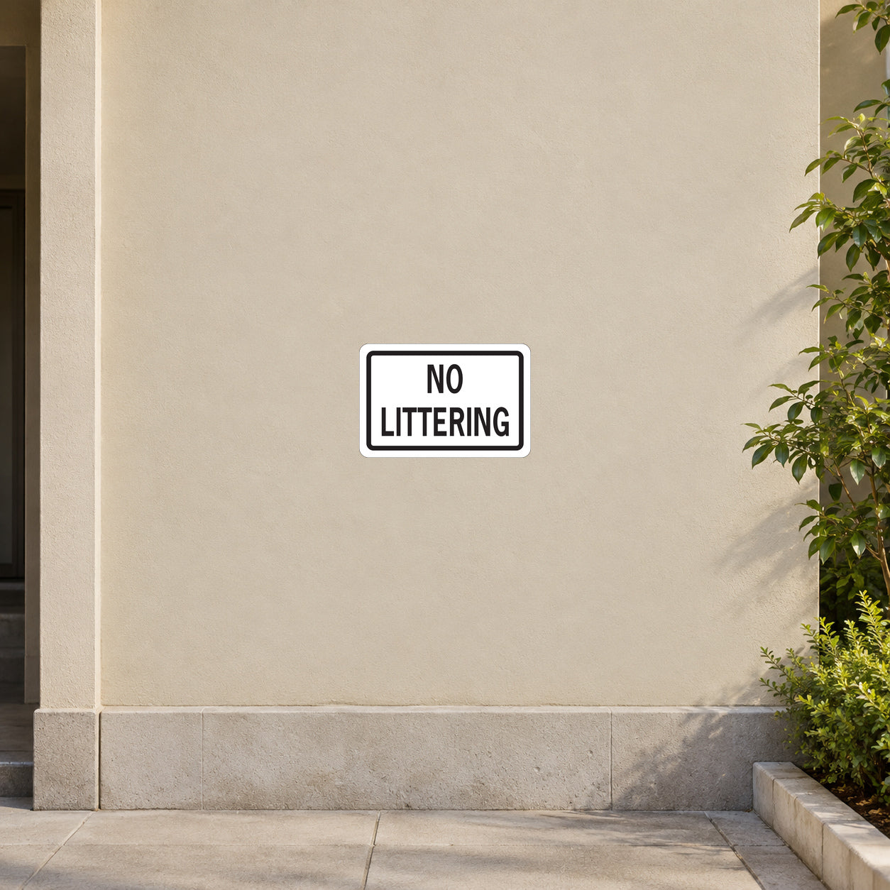 Road sign sticker: "NO LITTERING" on white panel with black border