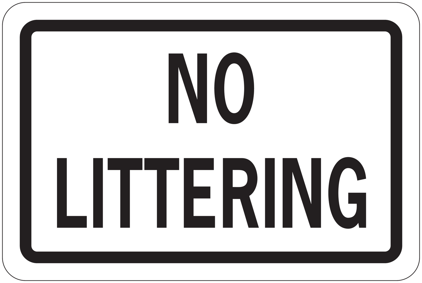 Rectangular road sign sticker reading 'NO LITTERING' with black border