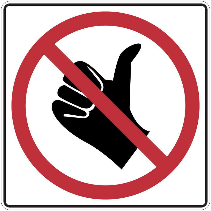 Road sign sticker with red no hand gesture circle and slash over black raised hand