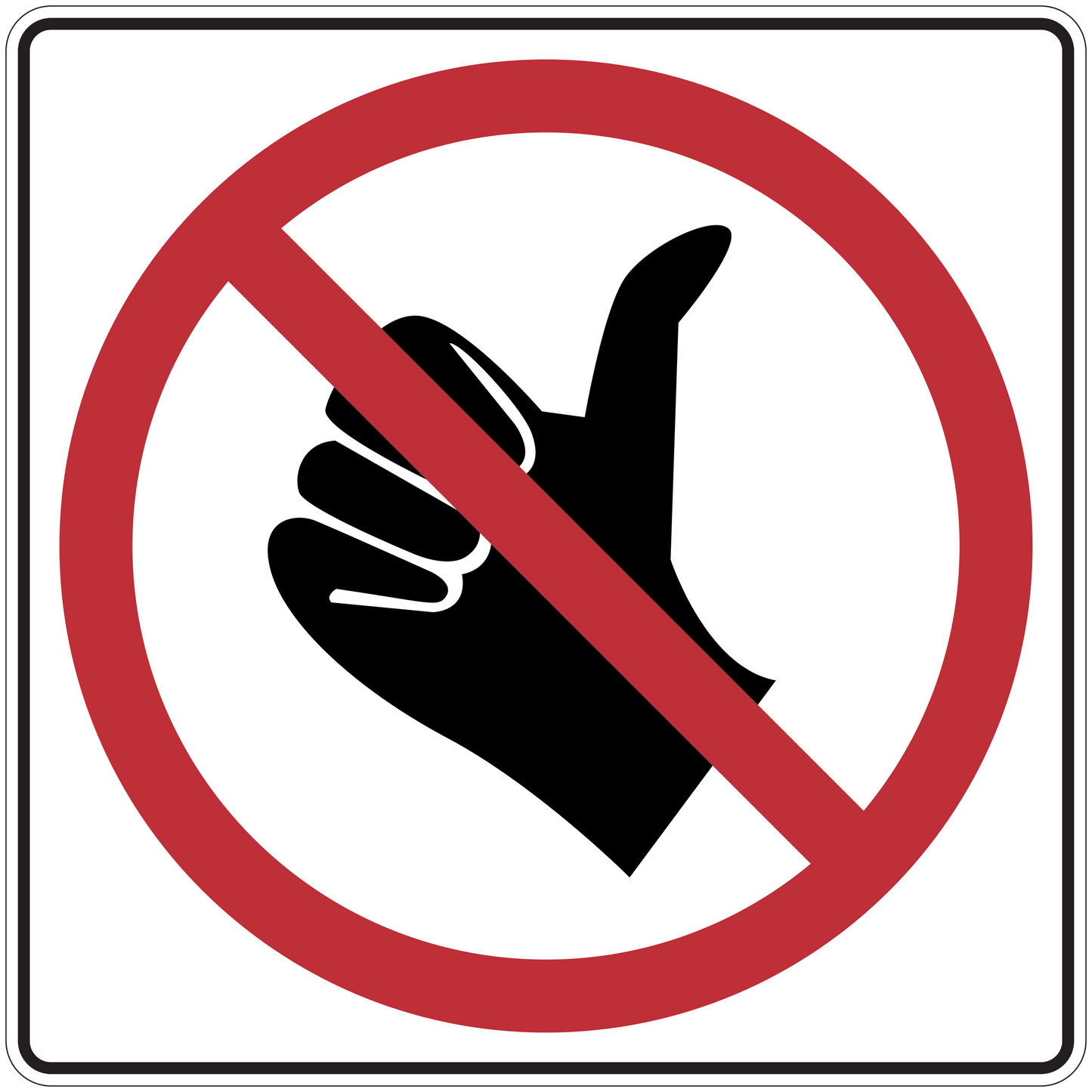 Road sign sticker with red no hand gesture circle and slash over black raised hand