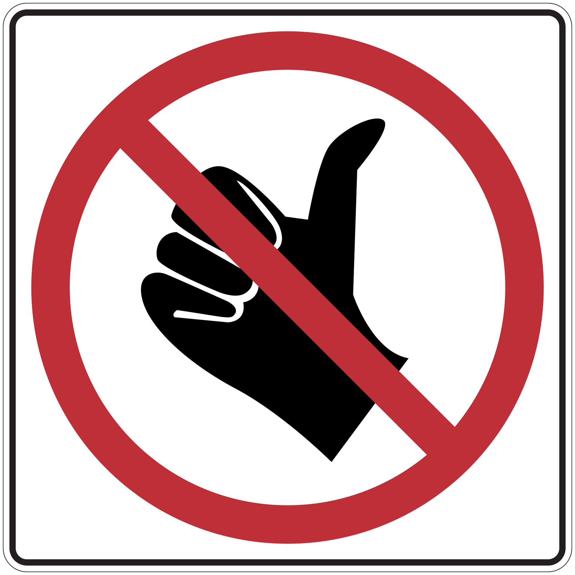 Road sign sticker with red no hand gesture circle and slash over black raised hand