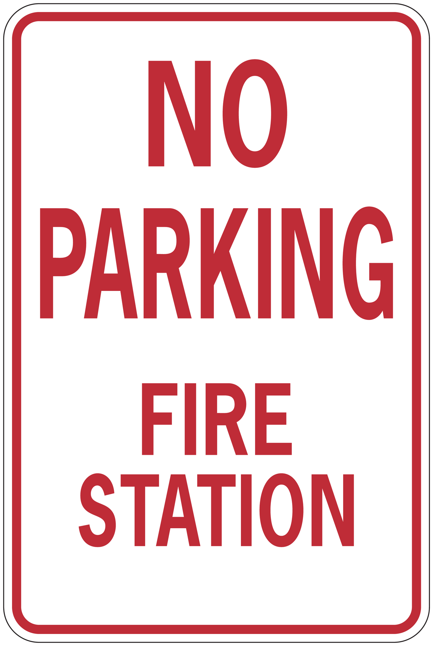 Red-bordered sticker with "NO PARKING FIRE STATION" text